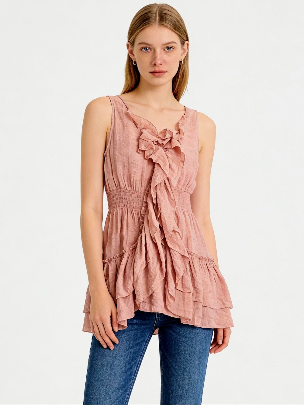 KNOX ROSE Top Tunic Sleeveless Dusty Pink Ruffles SMALL